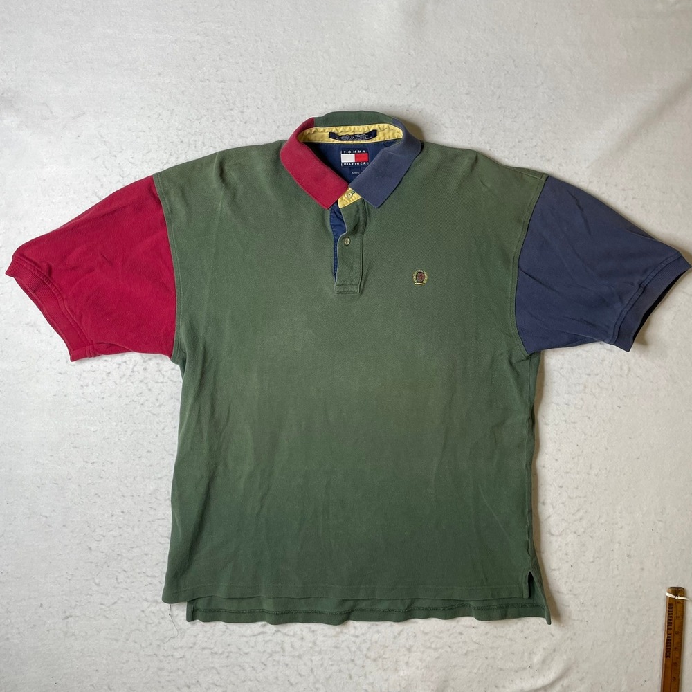 Tommy Hilfiger Polo Shirt Mens XL Green Colorblock Short Sleeve Pique Cotton Vtg
